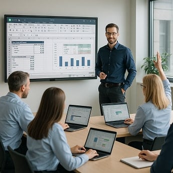 Trainer geeft Excel cursus voor gevorderden met uitleg over draaitabellen en grafieken aan professionals met laptops